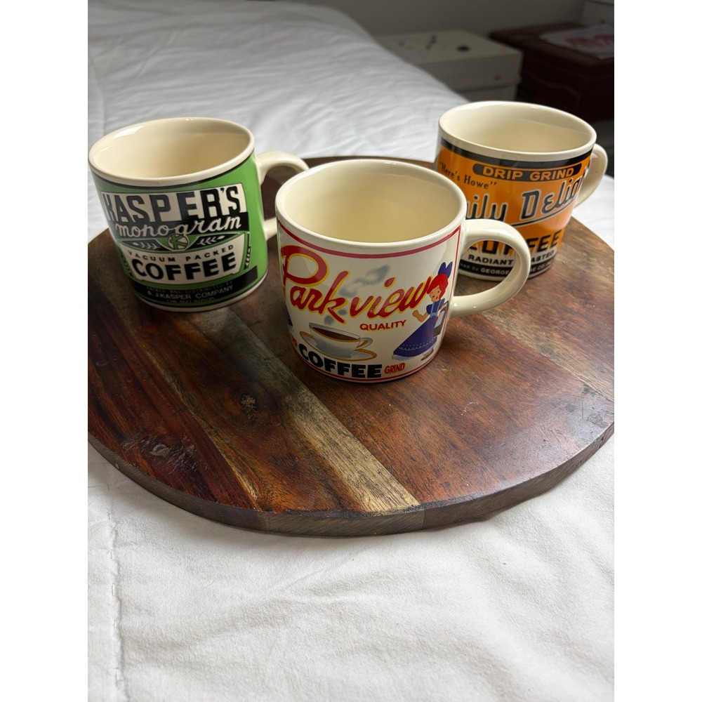 Westwood Yesteryear Brand Coffee Mug Set of 3 Vintage Advertising Retro Labels